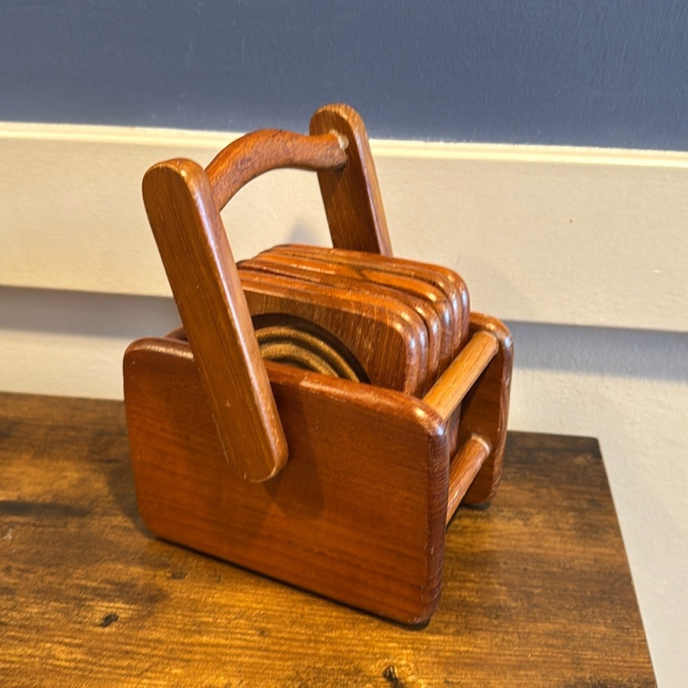 Vintage set of 6 Winsome ART MCM Square Coasters & Rack Teak Wood